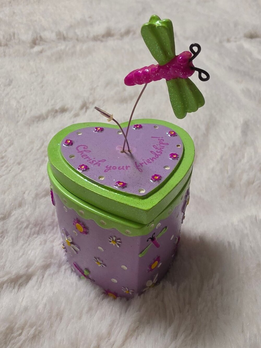 Vintage Y2K 2004 Claire's Trinket Box Dragonfly Daisy Heart Purple Green